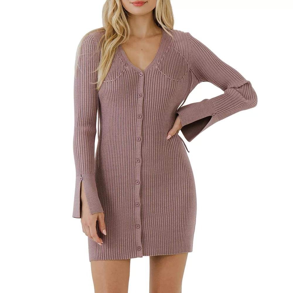 Free the Roses Ribbed Knit Sweater Dress Blush Pink Button Front Bell Sleeve NWT